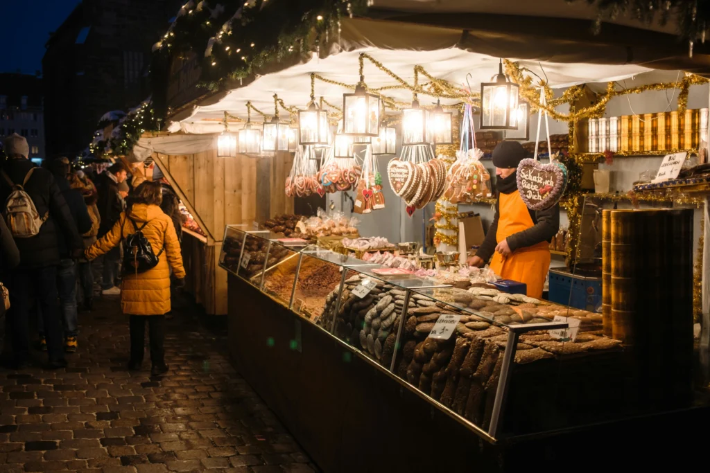 Festive Christmas market stalls and lights at Nuremberg’s holiday festival