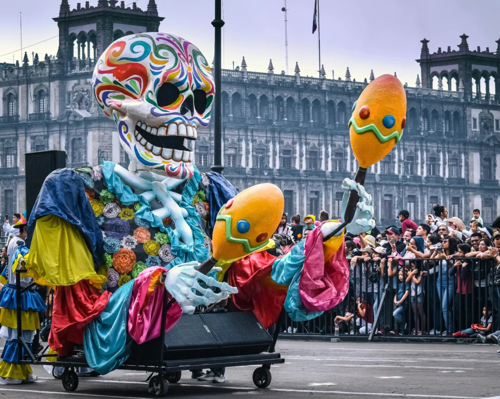 Locals in Mexico City celebrate Día de los Muertos with families gathering to honor ancestors.